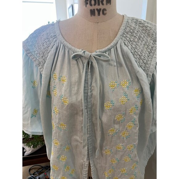 INNIKA CHOO  Embroidered Linen Smock Blouse  in Sea Mist One Size - Picture 2 of 16